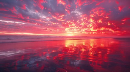 Wall Mural - A vibrant beach sunset with the sky ablaze in fiery reds and oranges, reflecting off the wet sand