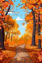 Sticker - Autumn Forest Path with Colorful Leaves and Blue Sky