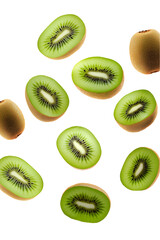 Wall Mural - Flying falling kiwis isolated on transparent or white background