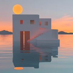 Wall Mural - Minimalist Architecture with Sunset Reflection