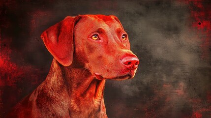 A portrait of a brown dog with its head turned slightly to the right,  with a dark background and the dog's fur painted in a textured style.