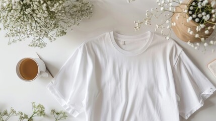 Canvas Print - White T-Shirt Mockup with Flowers and Tea