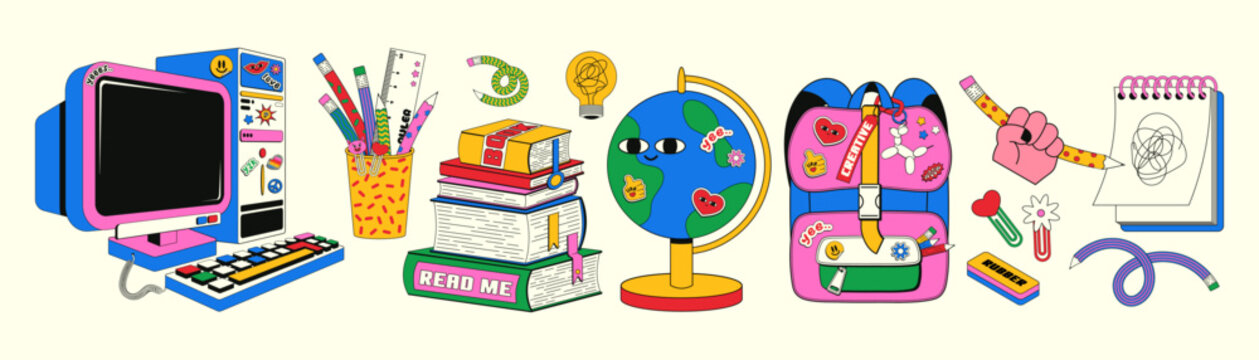 Trendy teen set of elements on a back to school theme in a retro linear style. Vector illustration of a school backpack, y2k aesthetics desktop computer, and other office supplies.