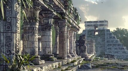 Wall Mural - The Temple of the Warriors at Chichen Itza, with its detailed carvings