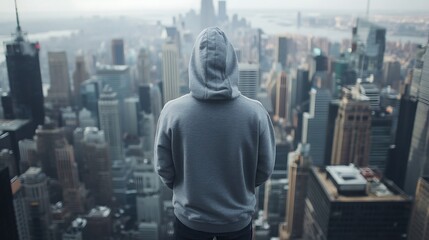 Urban Minimalism - Grey Sweatshirt Floating with City Skyline in the Background