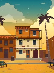 Wall Mural - Sunset Tropical Town Buildings With Palm Trees