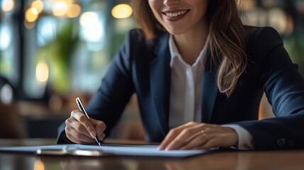 Poster - Confidently Signing the Deal: Close-up of a businesswoman's hand signing a document, showcasing her professionalism and determination. 