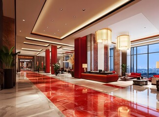 Poster - Luxury Hotel Lobby Interior Design with Red Marble Floor and Chandelier