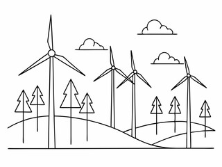 Wall Mural - continuous single line drawing of wind farm, renewable energy wind turbines line art vector illustration
