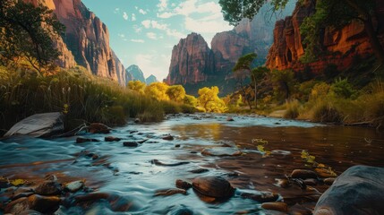 Poster - The tranquil waters of the Virgin River meandering through Zion National Park's stunning canyon,