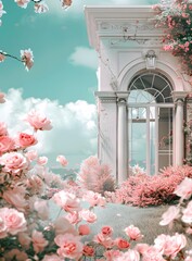 Wall Mural - White Building With Rose Garden  And Blue Sky