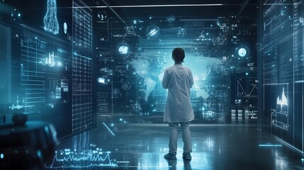 Poster - scientist analyzing data in a futuristic lab with holographic displays at night