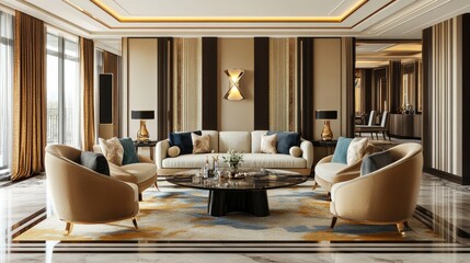 Wall Mural - Luxurious Living Room Interior with Beige Sofa, Armchairs, and a Coffee Table