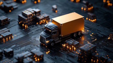 A futuristic truck model positioned on a glowing circuit board, symbolizing logistics and technology in a digital age.