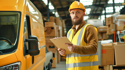 Wall Mural - A postman checks deliveries while standing beside a cargo van loaded with boxes in a busy distribution area