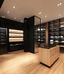 Poster - Modern Retail Store Interior Design With Wooden Shelves And Display Cases