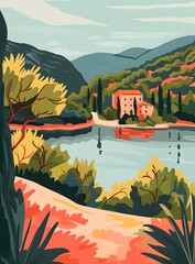 Poster - Illustrated Landscape with a House and Lake