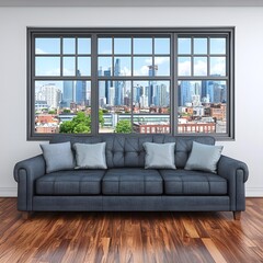 Living Room With Large Window Overlooking City Skyline