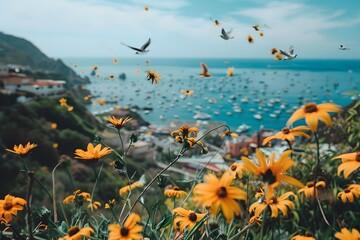 Canvas Print - Yellow Flowers Blooming Near The Ocean With Birds Flying Over The Sea