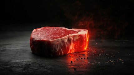 A stunning raw steak illuminated dramatically against a dark background, perfect for culinary and food photography.