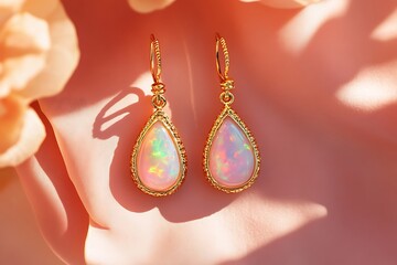 Elegant Opal Drop Earrings on Soft Peach Background with Product Emphasis