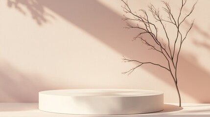 Poster - Minimalist display with a white circular platform and a slender branch against a soft pink background in afternoon light