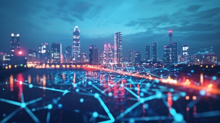 Poster - A city skyline is lit up with a network of lights