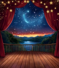 Wall Mural - Starry Night View from Balcony with Red Curtains