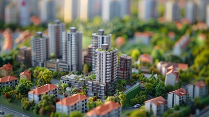 Poster - A model of a city with tall buildings and green trees
