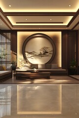 Wall Mural - Modern Chinese Style Living Room Interior Design With Round Circle Wall Art