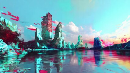 Poster - Abstract digital landscape background. Glitch, distortions and pixelization effect. Glitchy futuristic city, surreal cityscape. Cyberpunk aesthetics. Retro, retrowave, synthwave