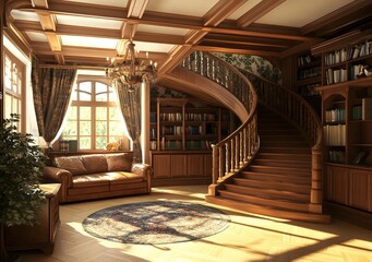 Wall Mural - Classic Library Interior Design with Wooden Stairs and Chandelier