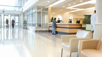 Aufkleber - Spacious and bright hospital lobby with comfortable seating and people interacting at the reception desk. Modern healthcare facility visitors and patients. 