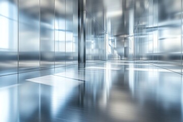 A sleek and modern interior view of an elevator featuring shiny metallic surfaces and reflective floors in a contemporary design.