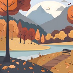 Sticker - Autumn Landscape With River and Bench