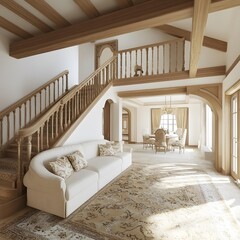 Wall Mural - Elegant Interior Design With Wooden Staircase and Beige Sofa