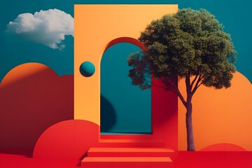 Abstract Minimalist Illustration with Tree and Archway