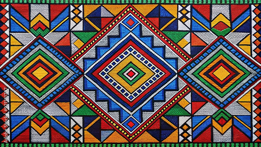 Colorful Geometric Ndebele Art Pattern On South African Textile Fabric Colorful Geometric Ndebele Art Pattern On South African Textile Fabric