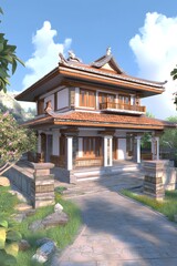 Sticker - Traditional Chinese Style Architecture with Curved Roof and Stone Pathway