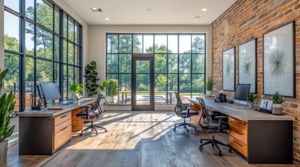 Sticker - Modern Office with Large Windows and Brick Wall