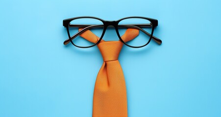 A tie and glasses arranged on a blue background to form a face. Minimalist, abstract concept of business, fashion, and style.