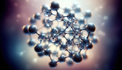 A close-up of a complex molecule structure with reflective spheres and connecting rods..Concept: Molecular Structure, Chemical Bonds, Scientific Visualization