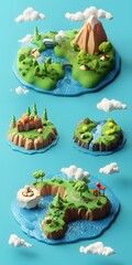 Wall Mural - Low Poly 3D Illustration of Islands with Mountain, Houses, Trees and Clouds