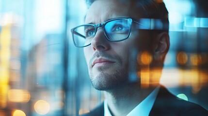 Poster - The Urban Visionary: A contemplative businessman looks out over the cityscape, illuminated by the soft glow of urban lights