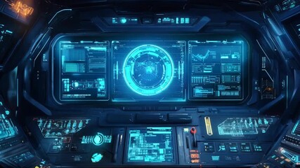 Poster - Futuristic spaceship cockpit interface with holographic displays. Sci-fi spacecraft control panel with data analytics. High-tech UI, HUD design. Future space station interior with interactive screen. 