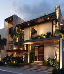 Sticker - Modern House Exterior Design with Stone and Wood