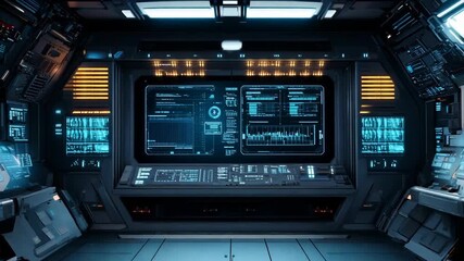 Poster - Futuristic spaceship cockpit interface with holographic displays. Sci-fi spacecraft control panel with data analytics. High-tech UI, HUD design. Future space station interior with interactive screen. 