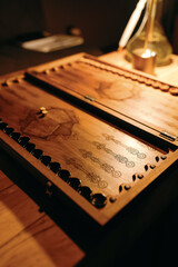 Wooden backgammon board, 2 dice. Board games