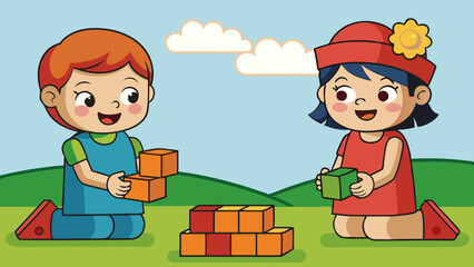 Wall Mural - two kids playing with bricks vector illustration