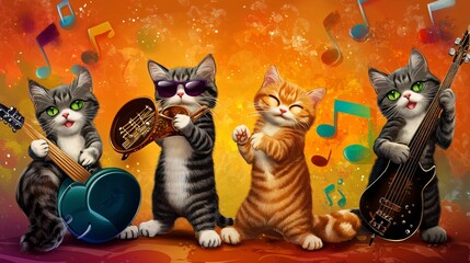 Wall Mural - four cats dancing and singing